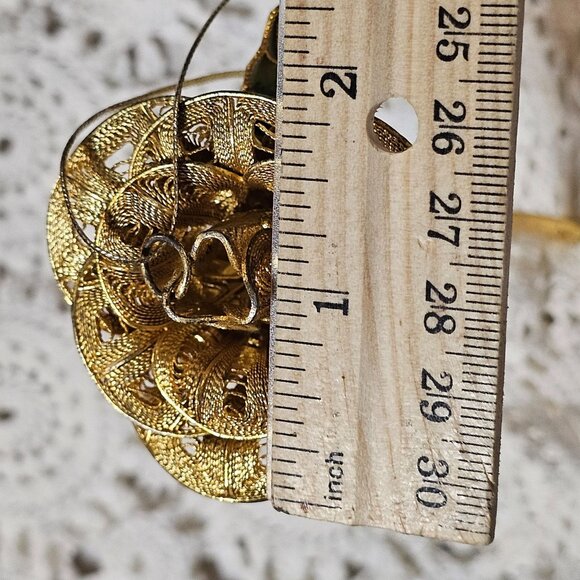 Vtg Gold Tone Filigree Rose Cloisonné Leaf 3D Rose Ornament - Picture 16 of 16